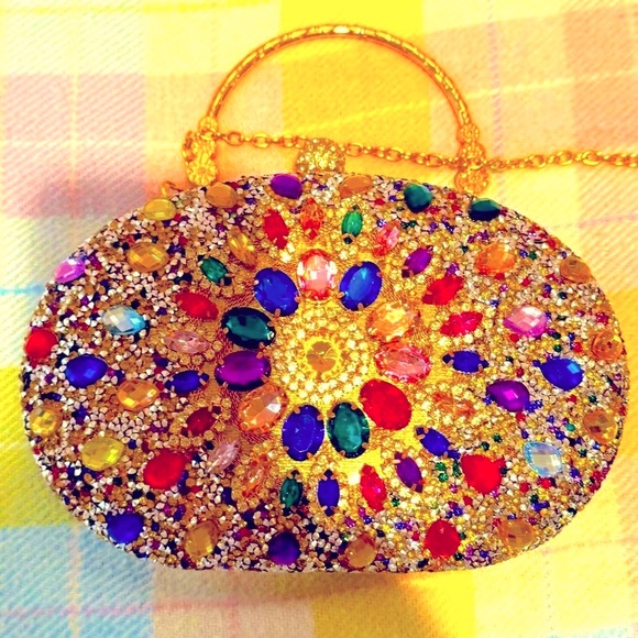 New Glamorous Gold and Red Crystal Clutch no label